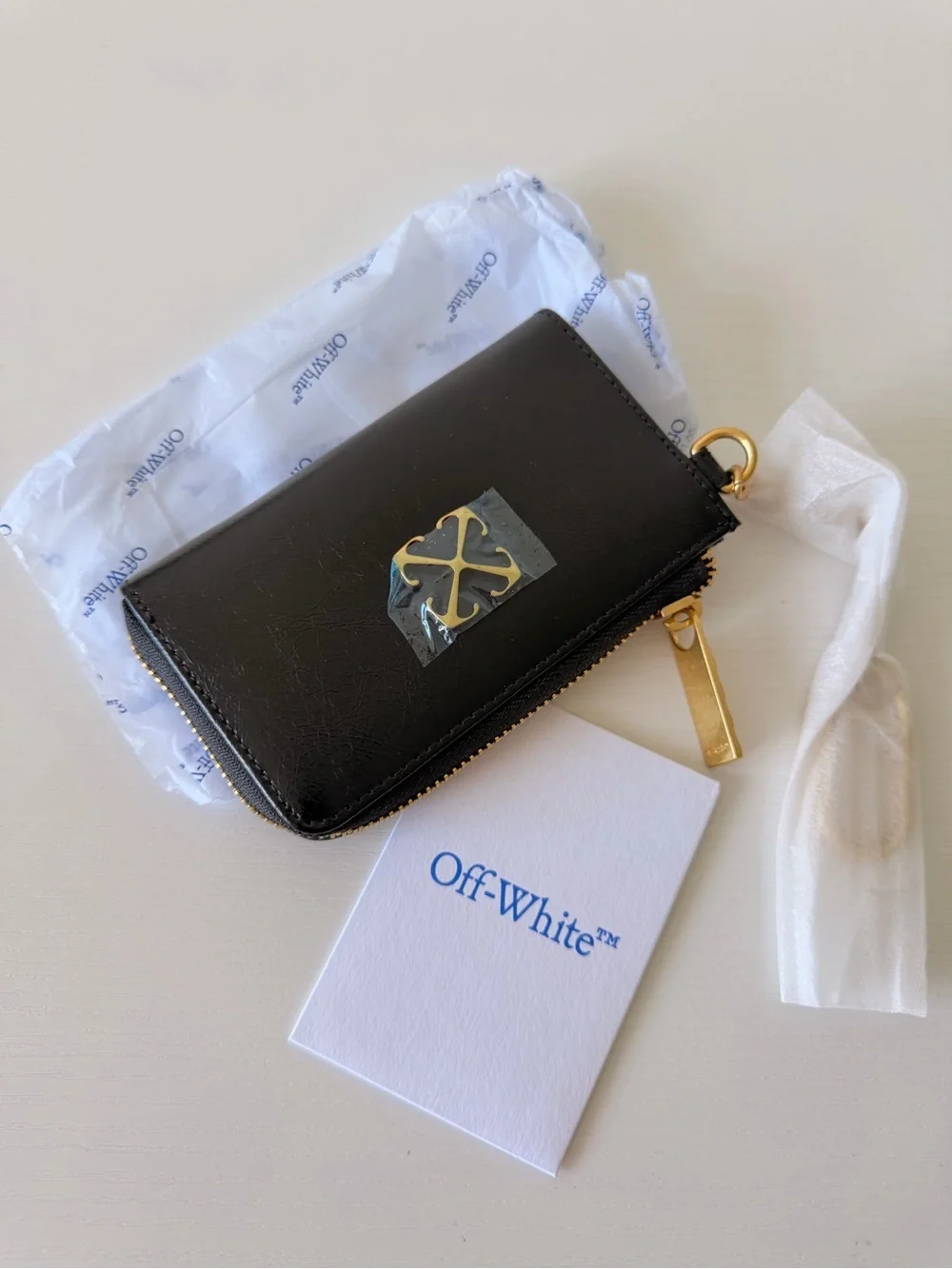 New Off-White Black Keychain Wallet, Leather Zip Card Pouch with Gold Zipper